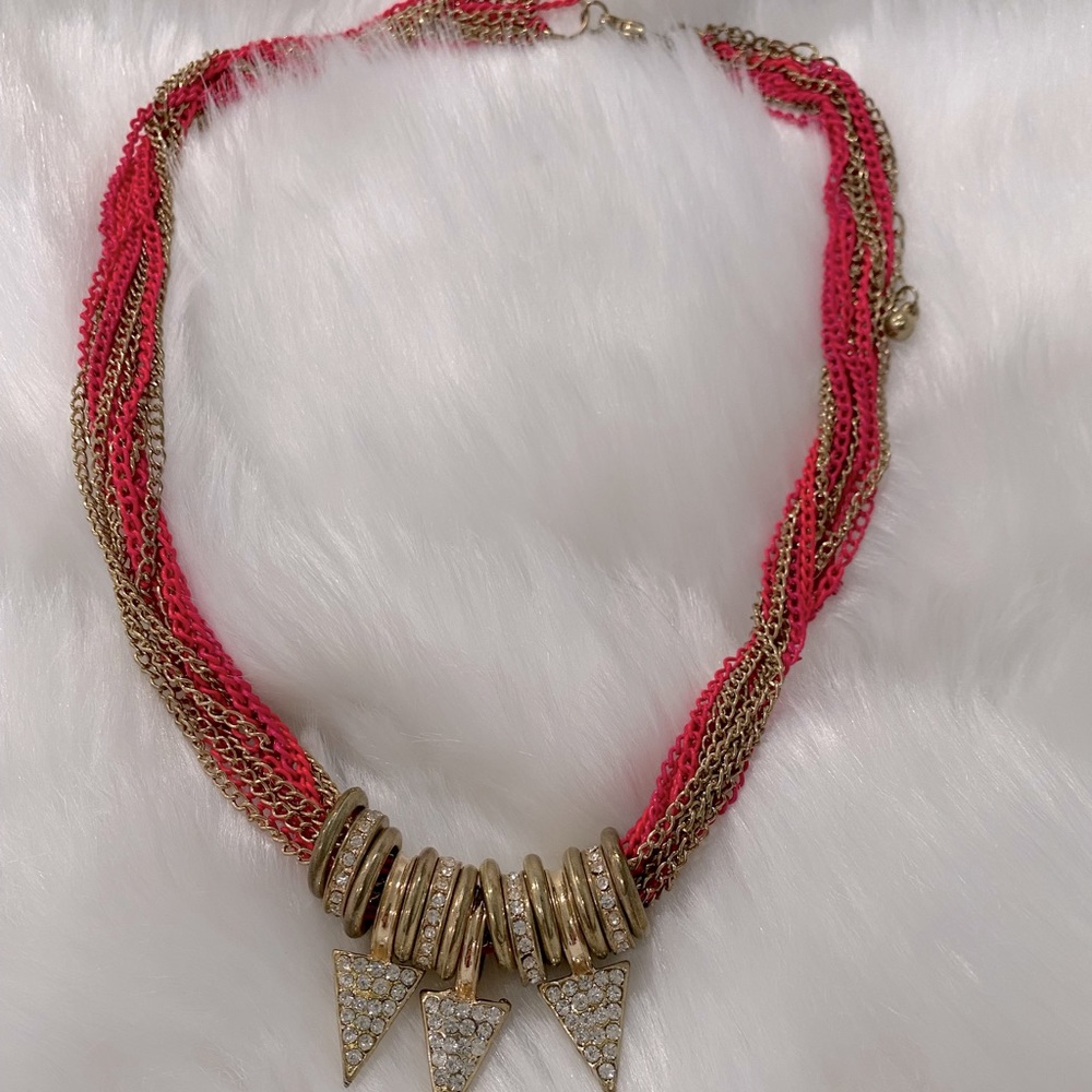 NECKLACE - HOT PINK + GOLD MULTI-STRAND w/ STUDDED PENDANTS